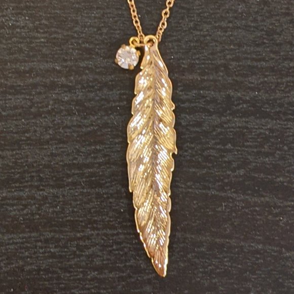 Gold Feather Necklace with Crystal Gem - Picture 3 of 3